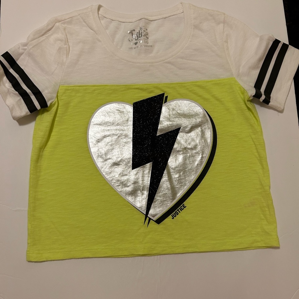Justice girls size 10 T-shirt striped sleeve heart with lightening bolt